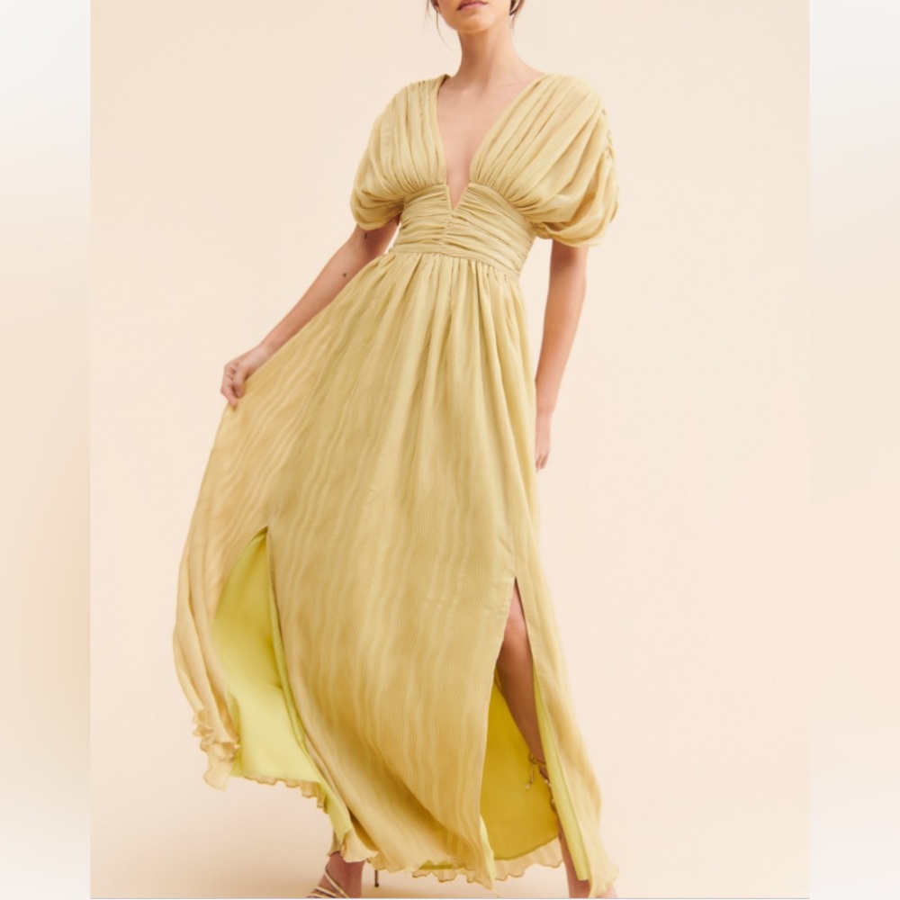 Anthropologie 4SI3NNA Ruched Maxi Dress Size Medium in Yellow